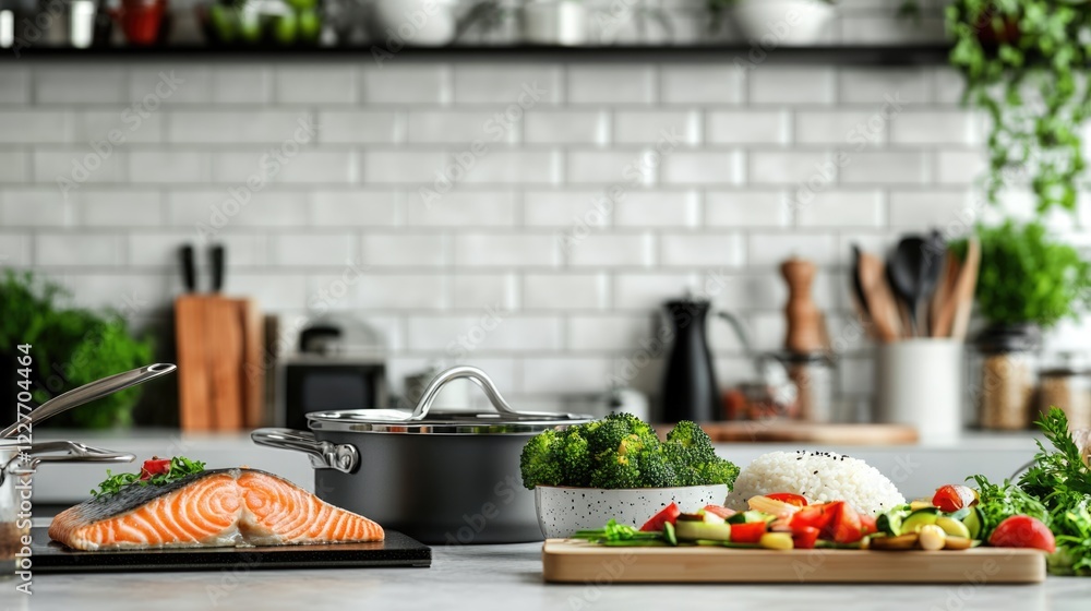 Poster asian cuisine kitchen setup with salmon fillet broccoli rice and shrimp tempura placed on a tiled ba