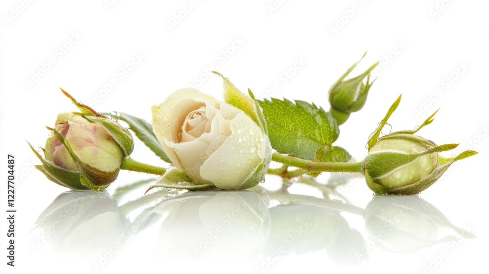 Poster delicate white rose with fresh buds and dew drops resting elegantly on a reflective surface against 