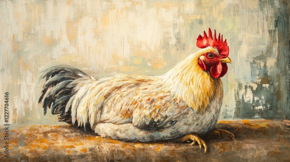 Poster majestic rooster basking in golden sunlight with intricate feather details showcasing tranquility an