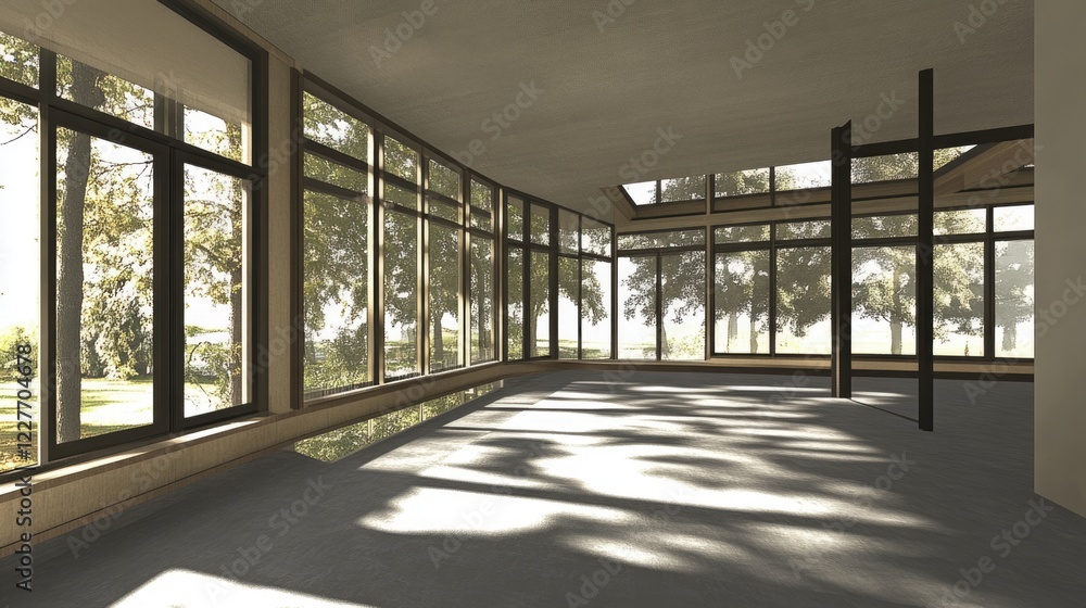 Poster Modern interior space with multiple windows showcasing natural light and a minimalistic gray floor and walls design.