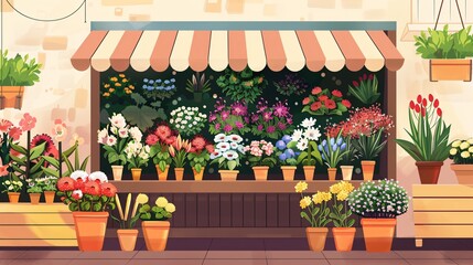 Colorful Flowers and Green Plants at Cartoon Style Street Stand Stall