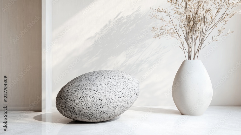 Poster Stylish Pebble with Unique Textures Against a Bright White Background Complemented by a Minimalist Decorative Vase