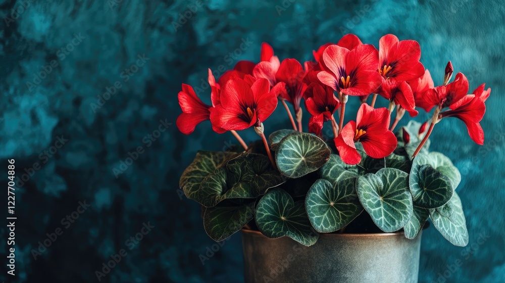 Aufkleber vibrant red cyclamen flowers in a pot against a textured teal background with ample empty space for 