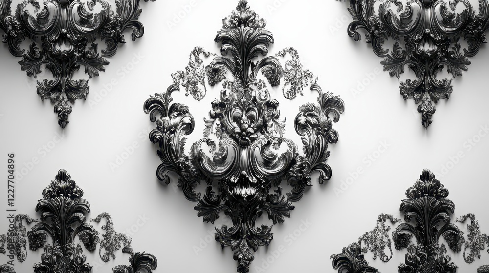 Poster black and white ornate damask pattern on a white background. the intricate design features repeating