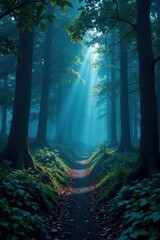 Fototapeta premium Mysterious forest with dark foliage, trees, foliage, forest