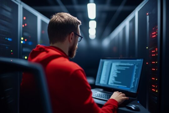 Backend developer coding in a server room at night with multiple screens and data servers