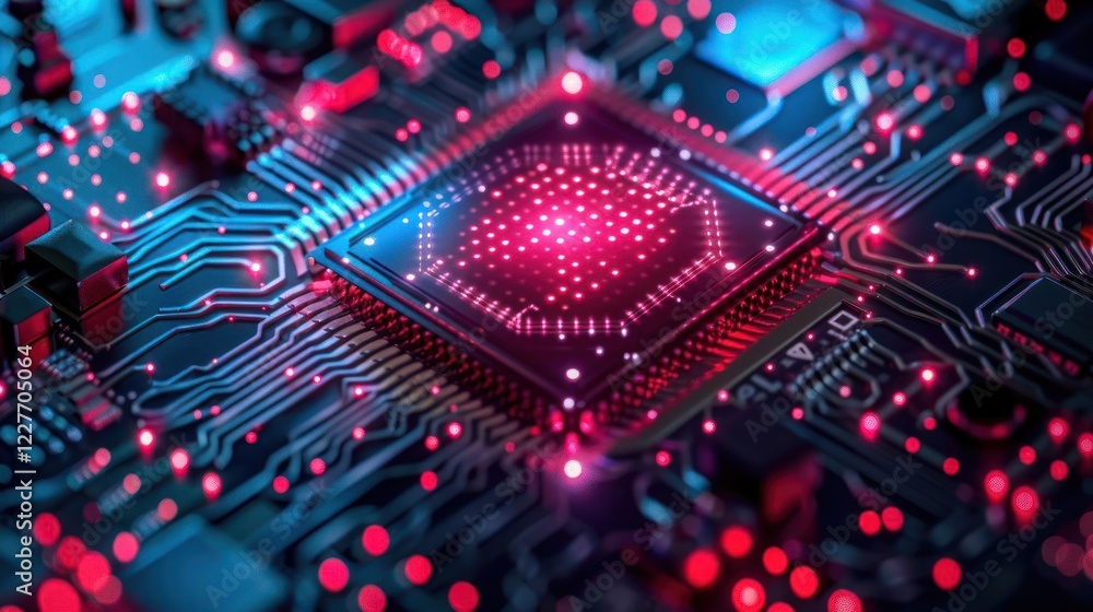 Aufkleber close-up view of a vibrant circuit board with glowing components and intricate designs