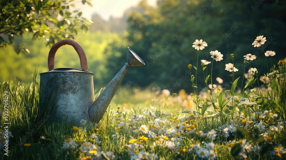Poster rustic watering can among blooming wildflowers in a peaceful meadow setting illuminated by soft sunl