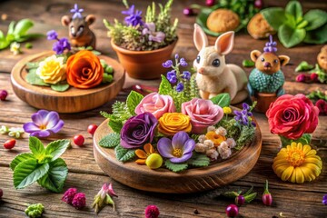 Capture nature's bounty: floral fauna feast, edible flower & animal food photography.