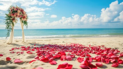 Romantic beach wedding setup featuring rose petals with floral arch against a serene ocean backdrop and clear blue skies.