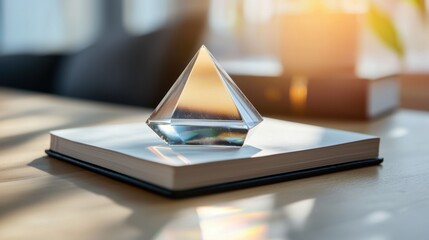 Glass pyramid on a notebook with sunlight reflections on a wooden table