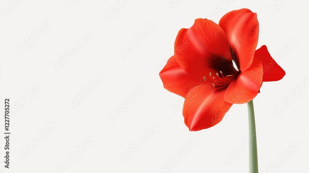 Poster vibrant red trumpet-shaped amaryllis flower with wide petals on a tall stem against a soft empty bac