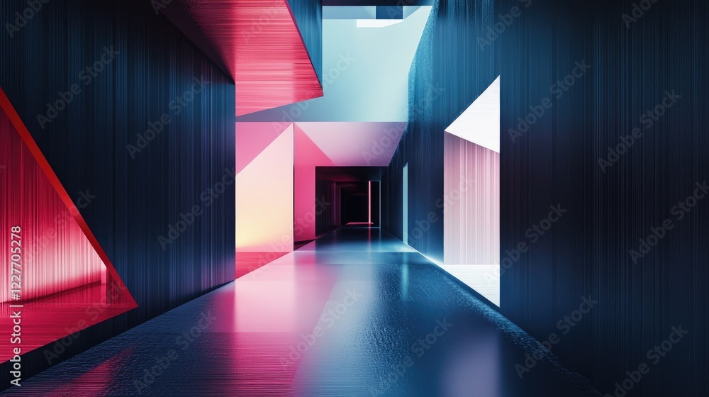 Poster futuristic abstract geometric corridor with sleek dark blue and pink tones creating a modern technol