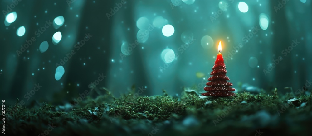 Poster red christmas tree candle glowing in enchanted green forest with soft bokeh background and space for
