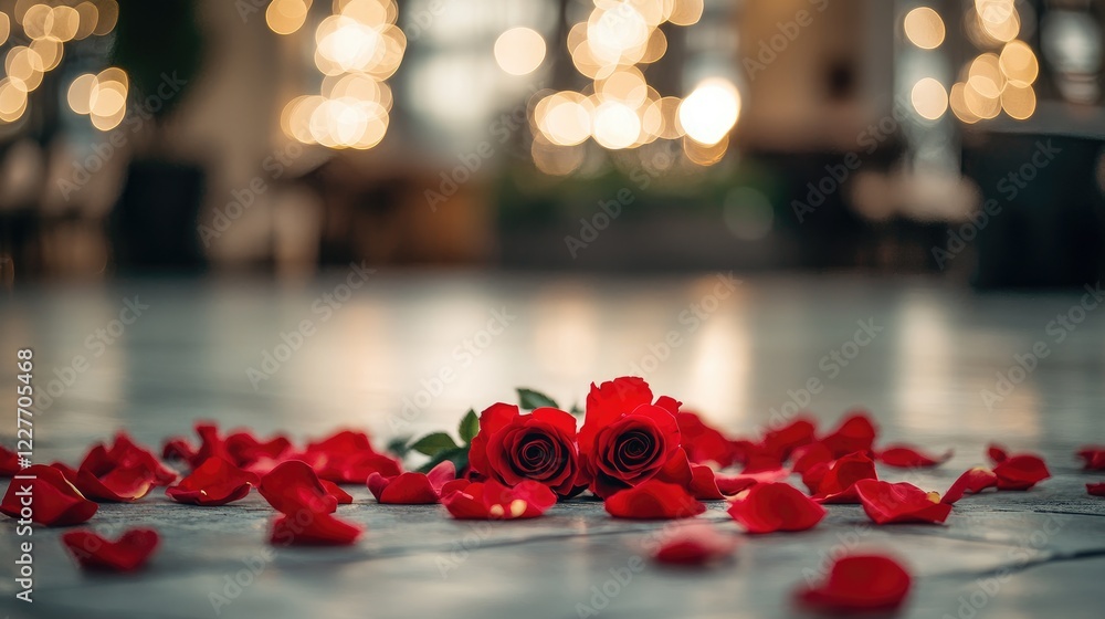 Poster elegant red rose petals and blooms creating a romantic atmosphere with soft bokeh lights in the back