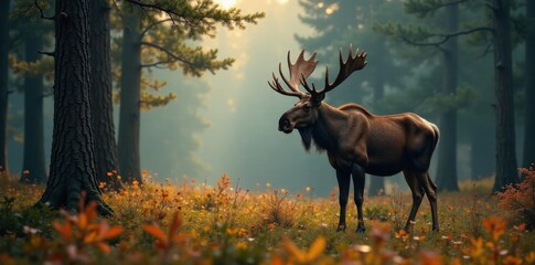 Moose in forest with trees, forest, nature, trees