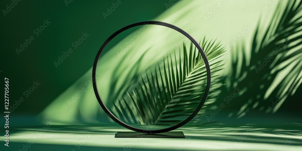 Aufkleber Empty Round Display Stand with Palm Leaf Shadow in Vibrant Green Summer Setting High-Quality Image with Space for Text or Branding