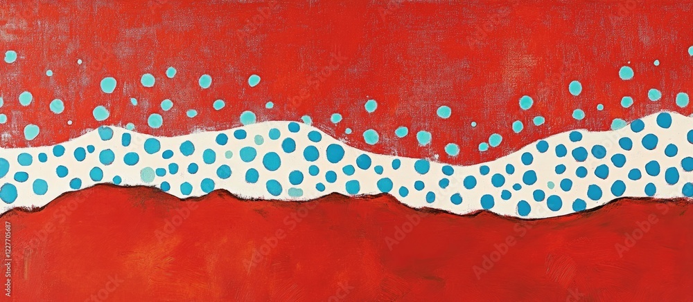 Poster vibrant red background featuring blue and white dots with blank space for custom text or graphics in