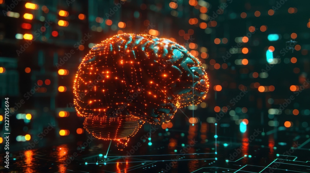 Poster futuristic digital brain glowing with lights in a high-tech environment showcasing data flow