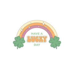 Retro groovy rainbow with clover leaves, vector illustration. St Patrick's Day design element for card, poster, sticker and more.