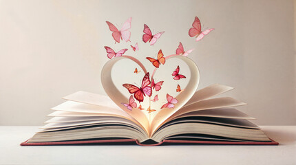 Butterflies in shades of pink and red emerging from an open heart-shaped book or journal.