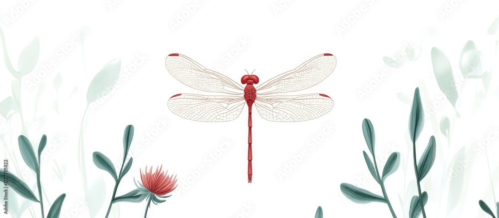 Poster elegant red dragonfly perched on lush greenery with closed wings, featuring ample blank space for te