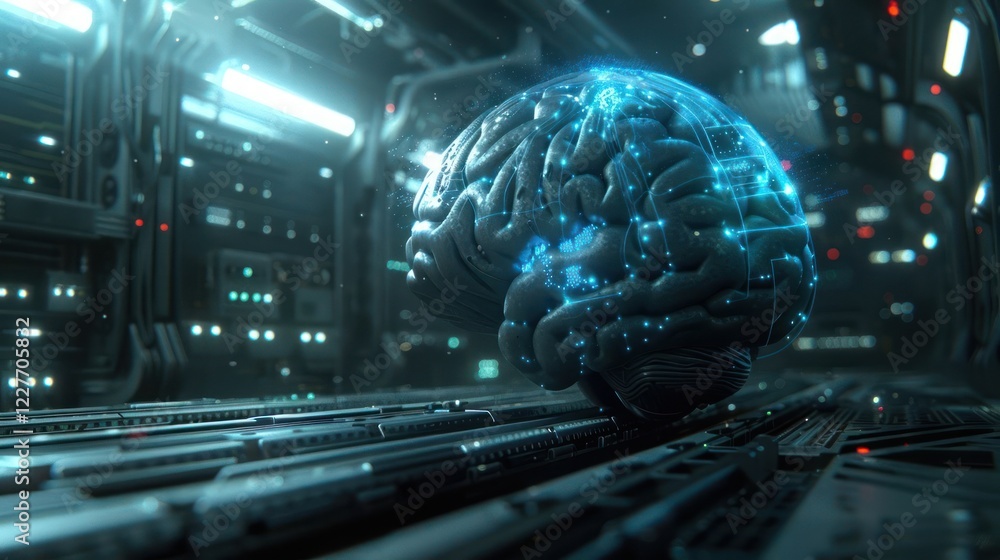 Poster futuristic digital brain floating in a high-tech environment with glowing data streams