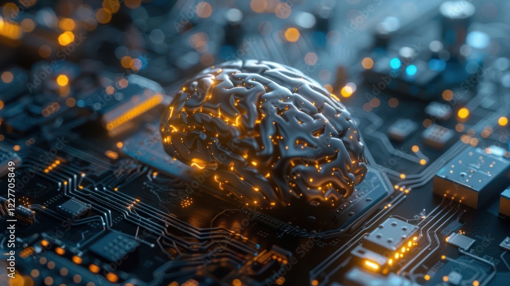 Poster a futuristic representation of a glowing brain on a circuit board, symbolizing technology and intell