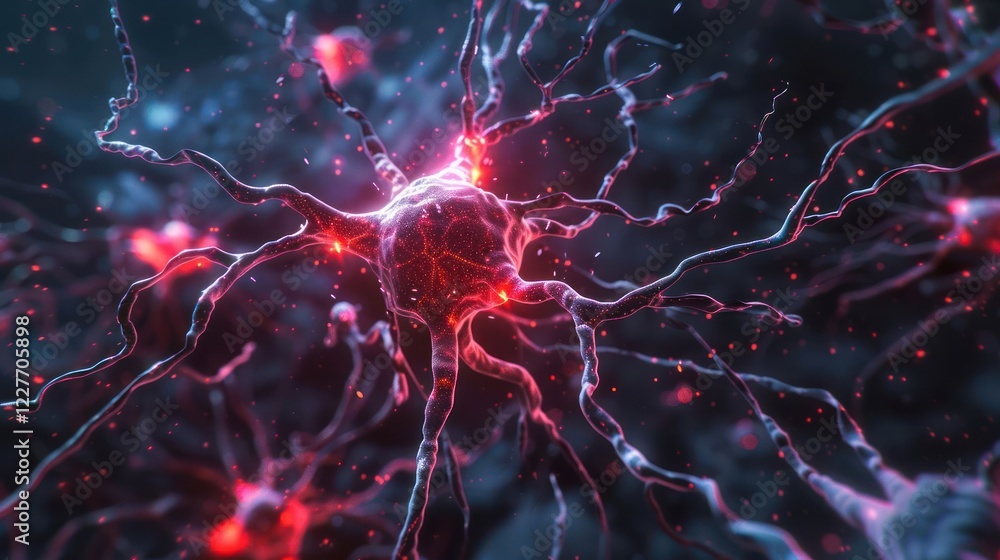 Poster close-up view of a neuron with glowing synapses, illustrating neural connections and activity