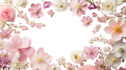 Luxurious floral border with pastel pink blossoms image isolated transparent. Cherry blooms roses cut out photo. Elegant decor. Wedding invitation cutout element object photography