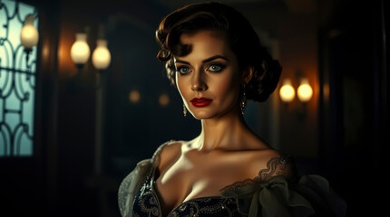 A beautiful woman with red lipstick and dark hair in an elegant off-the-shoulder gown, poses in a dimly lit room.