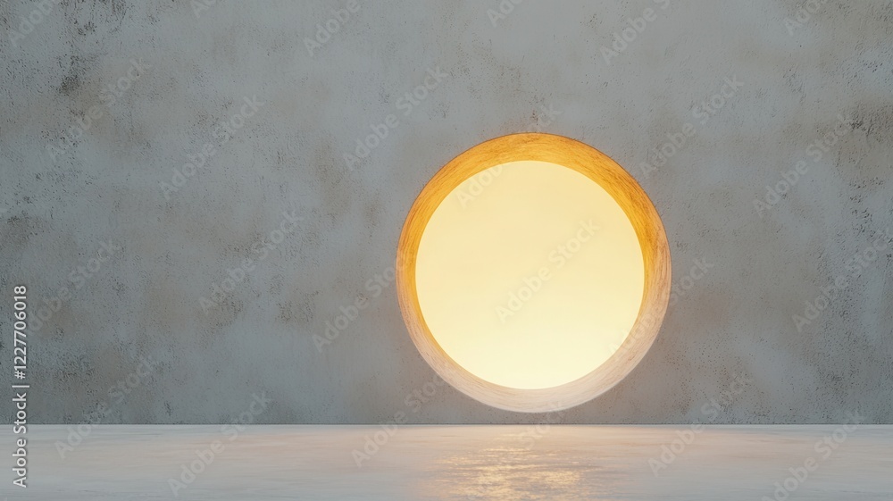Poster a circular window emits warm light, contrasting with a textured gray wall, creating a serene and mod