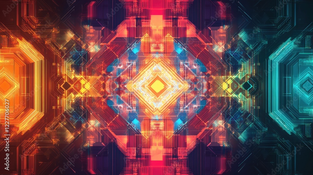 Poster Vibrant abstract circuitry background with symmetrical patterns and glowing lights in orange, blue, and green tones.