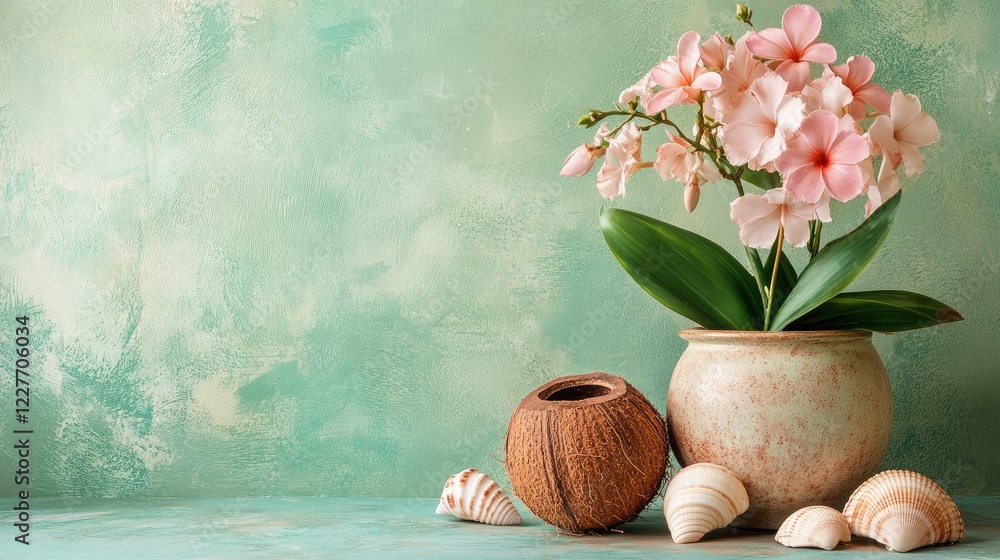 Poster tabletop decor with flower pot coconut and seashells on sandy and green surfaces creating a serene c