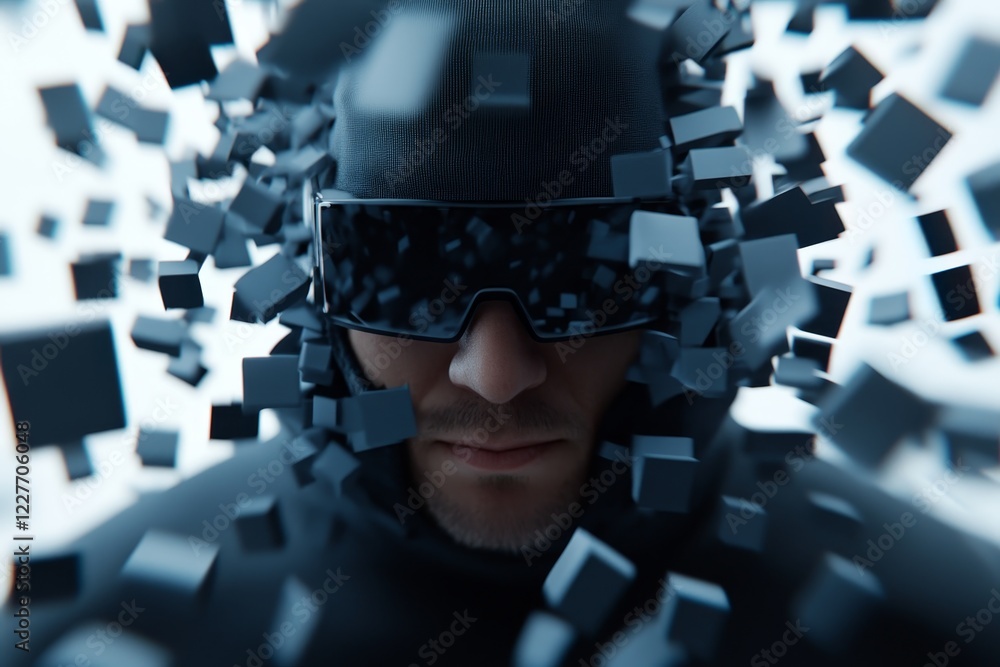 Poster mysterious figure surrounded by floating geometric shapes in a futuristic setting