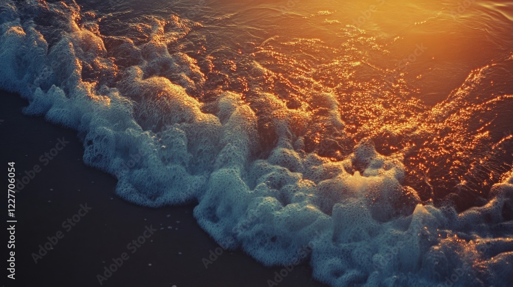 Poster Serene ocean waves gently lapping at sandy beaches illuminated by a warm sunset glow creating a tranquil coastal scene.