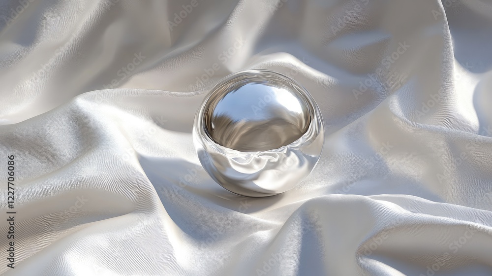 Poster Sleek metallic sphere resting on smooth white fabric showcasing elegant reflections and textures in a minimalist composition