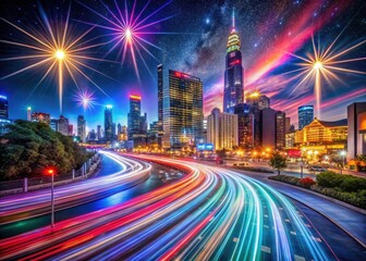 Fototapeta premium Capture urban nightscapes with creative light painting, long exposures, neon glows, and star trail photography.