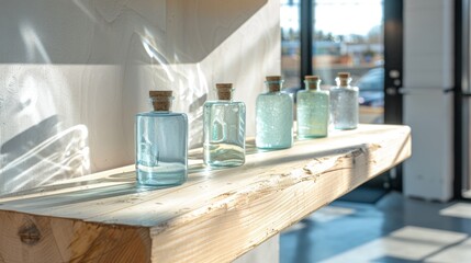 Collection of Glass Bottles on Wooden Shelf in Bright Space