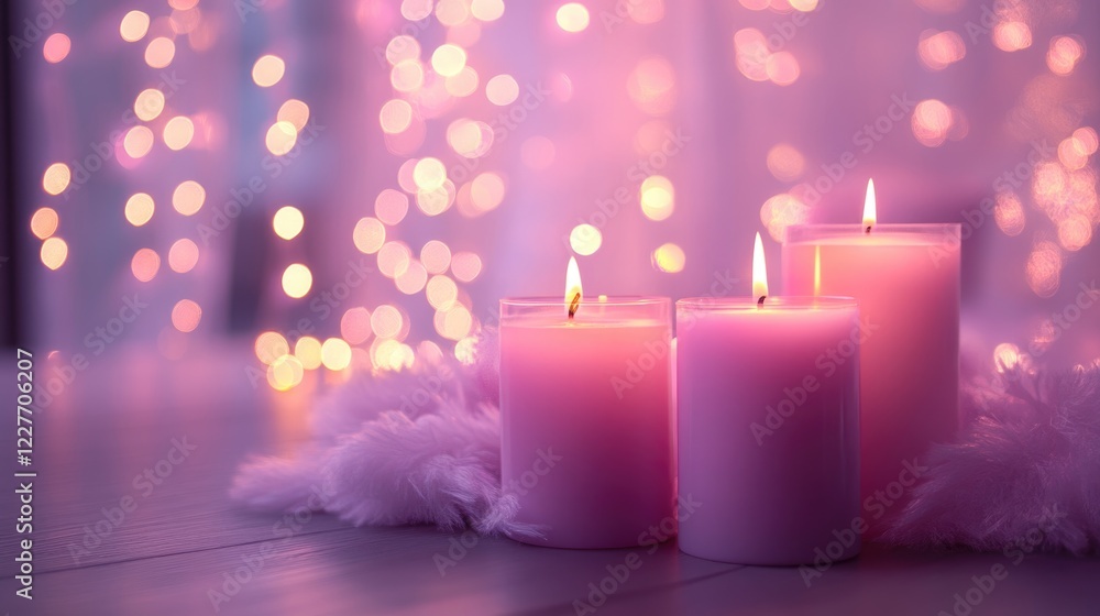 Poster Serene ambiance with pastel pink candles illuminated against a soft bokeh backdrop creating a calming atmosphere for relaxation or decoration.