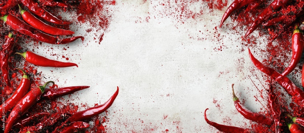 Poster red hot chilies arranged on a white background creating a decorative space ideal for text or promoti