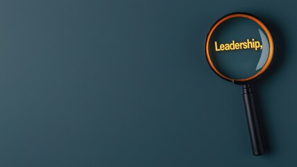 A magnifying glass highlights the word "Leadership" against a dark background, symbolizing focus and clarity in leadership qualities.