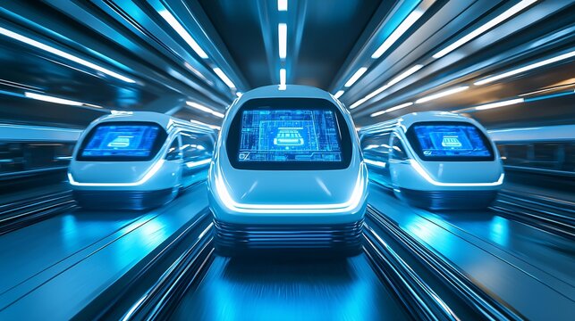 futuristic underground transportation hub with digital screens, automated vehicles, and wide, clean spaces designed for fast, efficient travel. Underground railway tunnel transportation 