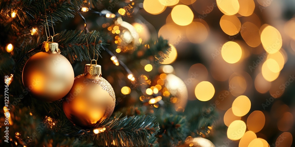 Aufkleber Elegant Christmas tree with golden ornaments and soft bokeh lights creating a cozy atmosphere in spacious room with empty space for text.