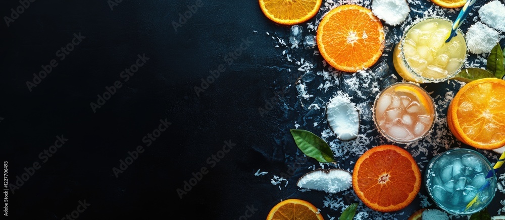 Poster vibrant cocktails with citrus and coconut ice on dark background refreshing summer drinks with space
