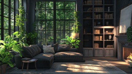Modern minimalist gray living room with cozy sofa floor lamp green plants large windows and fireplace creating a serene luxurious atmosphere