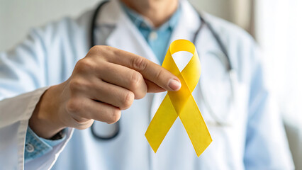 Support for sarcoma awareness: doctor holding yellow ribbon.