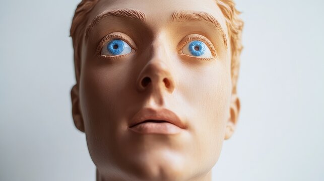Realistic Wax Bust with Blue Eyes Against a Neutral White Background for Display or Art Reference