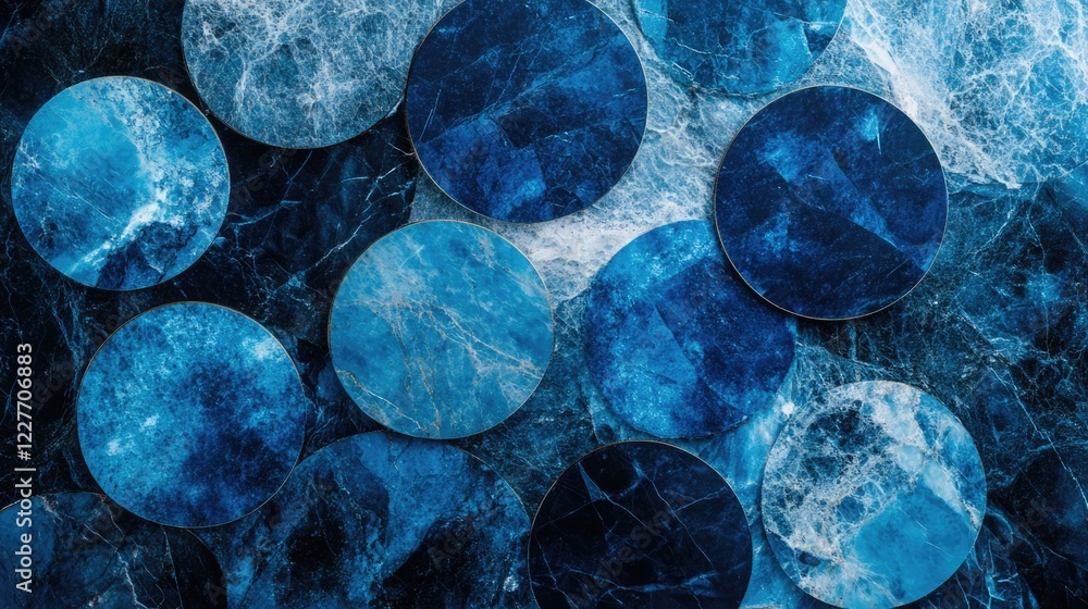 Poster bright blue circular patterns on elegant natural marble background showcasing modern sophistication 