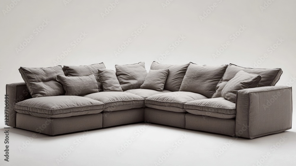 Poster modern gray sectional sofa adorned with plush cushions in a stylish and inviting living room setting